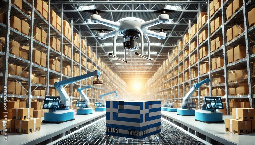 Fototapeta premium An advanced warehouse filled with drones and robots managing inventory, centered on an Greece flag-marked package, symbolizing innovation in automated warehousing