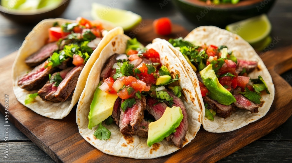 Juicy steak tacos with fresh salsa and avocado soft tortillas Juicy steak tacos with fresh salsa and avocado soft tortillas