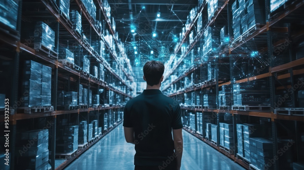 Man Walking Through a Warehouse with Digital Network Overlay Man Walking Through a Warehouse with Digital Network Overlay