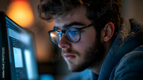 A young man wearing glasses and a blue hoodie looking intently at a computer screen.