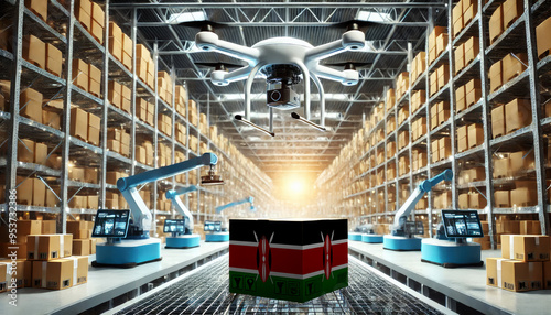 An advanced warehouse filled with drones and robots managing inventory, centered on an Kenya flag-marked package, symbolizing innovation in automated warehousing