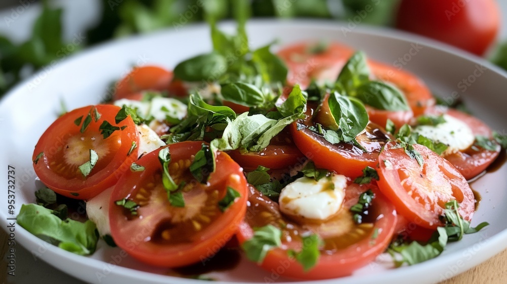Juicy tomato slices on a fresh caprese salad drizzled with balsamic glaze Juicy tomato slices on a fresh caprese salad drizzled with balsamic glaze