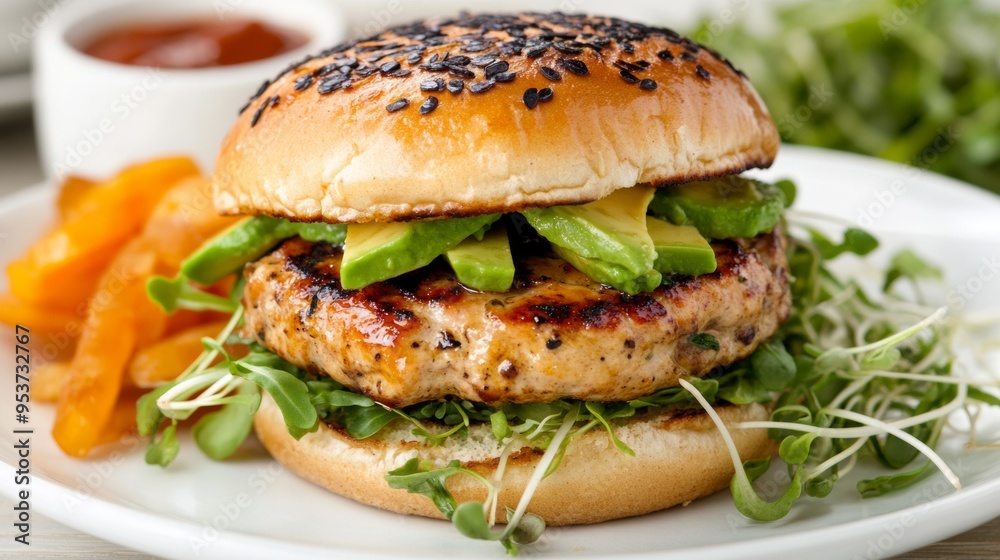Juicy turkey burger with avocado and sprouts dripping with flavor Juicy turkey burger with avocado and sprouts dripping with flavor