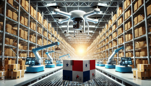 An advanced warehouse filled with drones and robots managing inventory, centered on an Panama flag-marked package, symbolizing innovation in automated warehousing