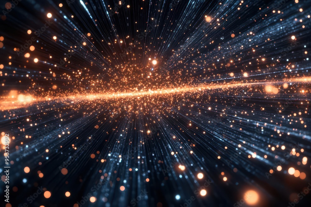Fototapeta premium Peertopeer data exchange depicted as luminous particles moving through a dark void, symbolizing the seamless flow of information