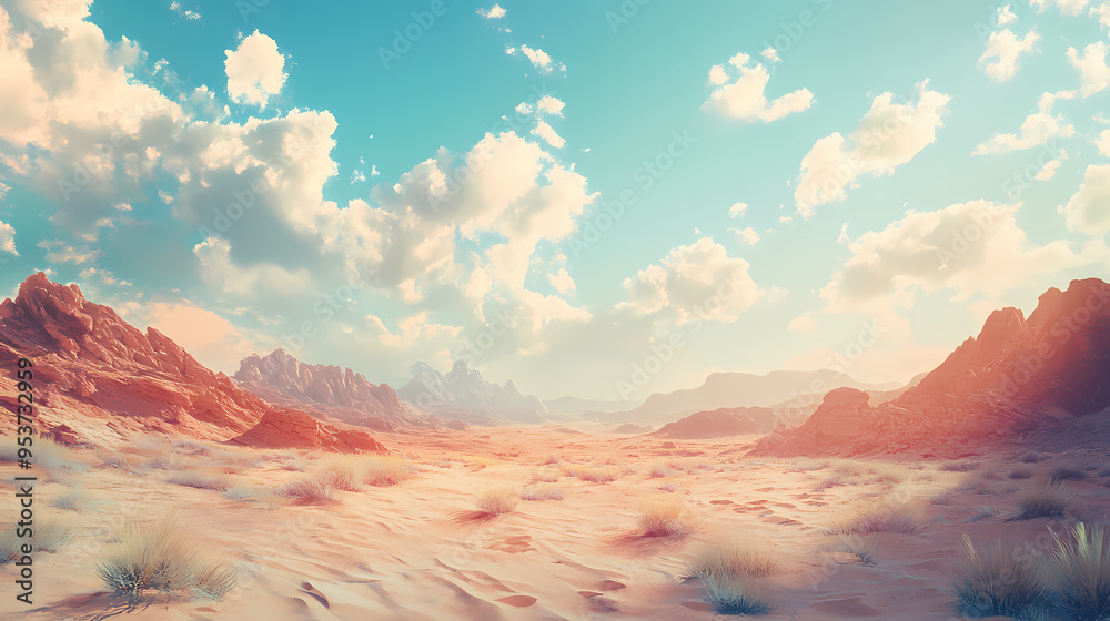 Fototapeta premium Cinematic desert landscape with red rock mountains, vast sandy valley under bright blue sky, dreamy pastel wilderness scenery
