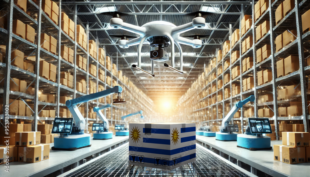 Fototapeta premium An advanced warehouse filled with drones and robots managing inventory, centered on an Uruguay flag-marked package, symbolizing innovation in automated warehousing