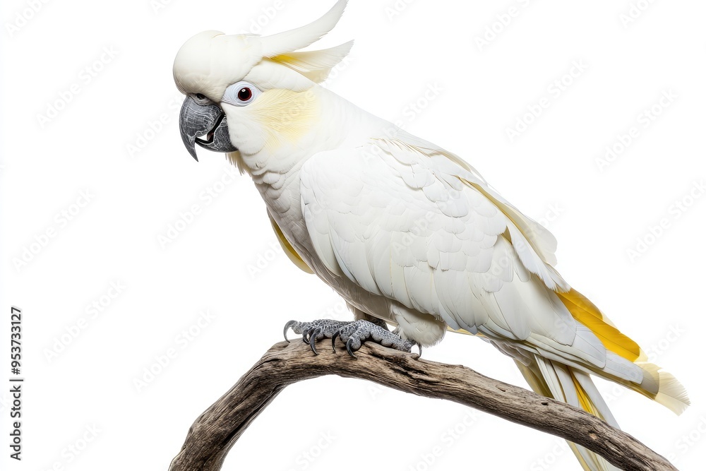 White Cockatoo Perched on a Branch with Yellow Undertail Feathers White Cockatoo Perched on a Branch with Yellow Undertail Feathers