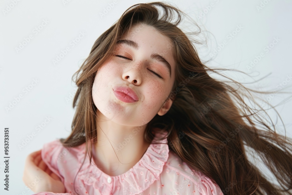 Portrait of young girl with long brown hair blowing kiss Portrait of young girl with long brown hair blowing kiss