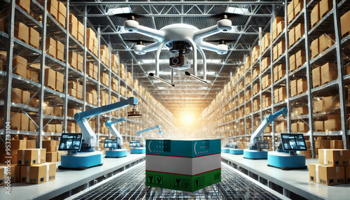 An advanced warehouse filled with drones and robots managing inventory, centered on an Uzbekistan flag-marked package, symbolizing innovation in automated warehousing