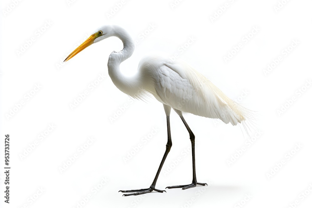 Naklejka premium A Great Egret Bird Standing on a White Background