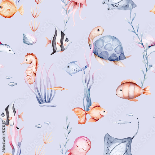 seamless pattern of sea cartoon animals. Blue watercolor ocean fish, turtle, whale and coral. Shell aquarium dolphin, crab octopus Nautical marine illustration, jellyfish, starfish photo