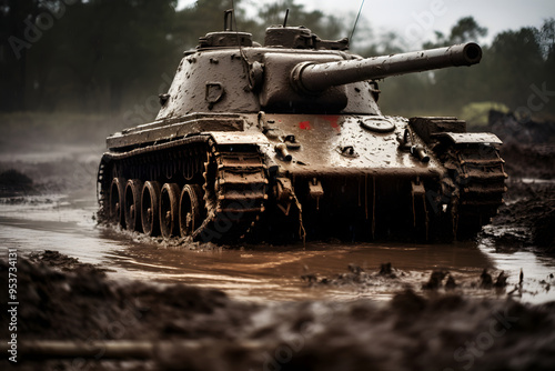 photo of a tank on the battlefield, tank on the mud, military tank