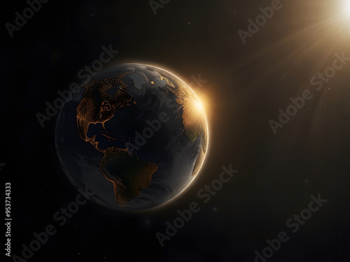 Planet Earth on the Space with Sunlight