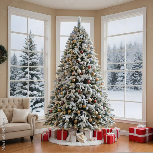 Prelit Snow Flocked Artificial Full Christmas Tree,9ft Christmas Pine Tree with 8 Light, photo