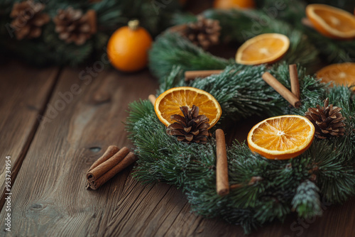 Festive handmade Christmas wreaths decorated with dried oranges, pinecones, and cinnamon sticks on a rustic wooden table, evoking holiday warmth and tradition. 