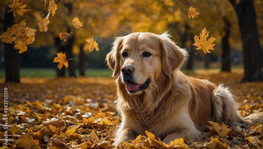 Golden retriever dog photographed surrounded by autumn leaves. Golden retriever dog photographed surrounded by autumn leaves.