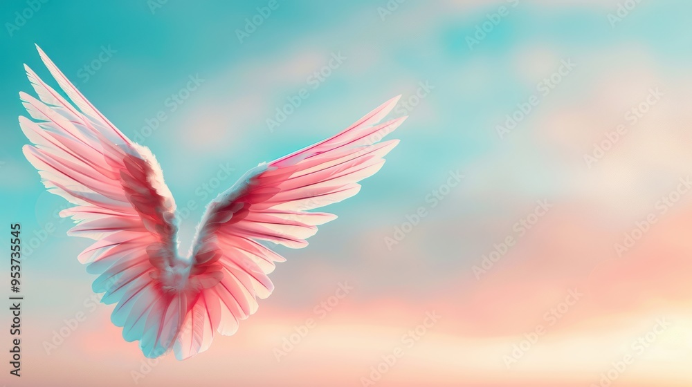 A pair of majestic angel wings, feathered and luminous, spread wide against a vibrant sunset sky. A pair of majestic angel wings, feathered and luminous, spread wide against a vibrant sunset sky.