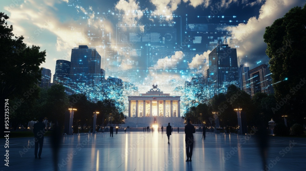 Fototapeta premium Government building with holographic projections of economic data and policy changes