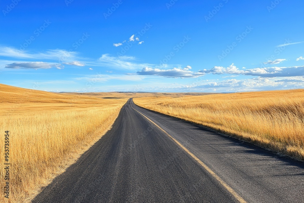 A winding road through golden fields under a clear blue sky. A winding road through golden fields under a clear blue sky.