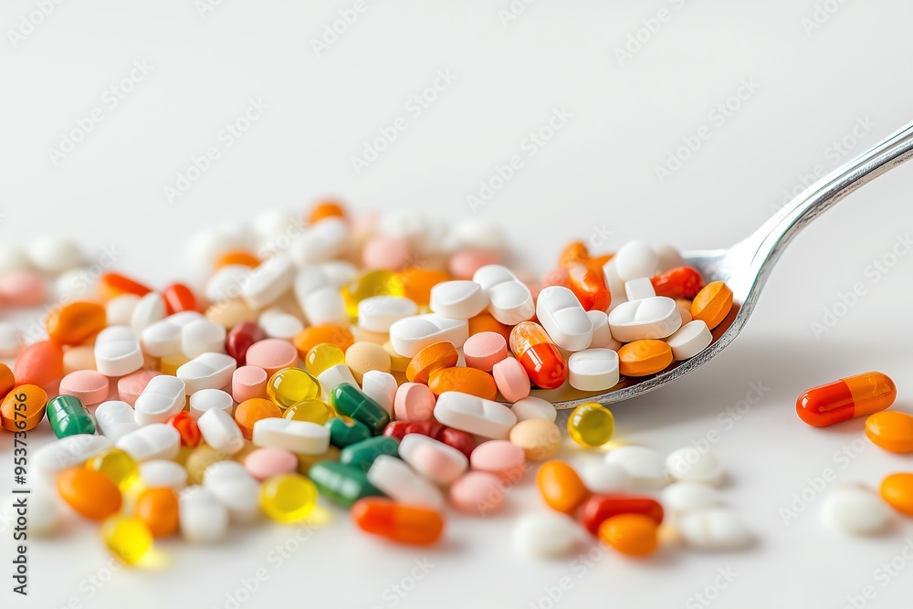 A spoonful of colorful pills scattered on a white surface. A spoonful of colorful pills scattered on a white surface.