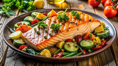 Grilled salmon served with a side of roasted vegetables, brain-boosting dinner, healthy and satisfying.