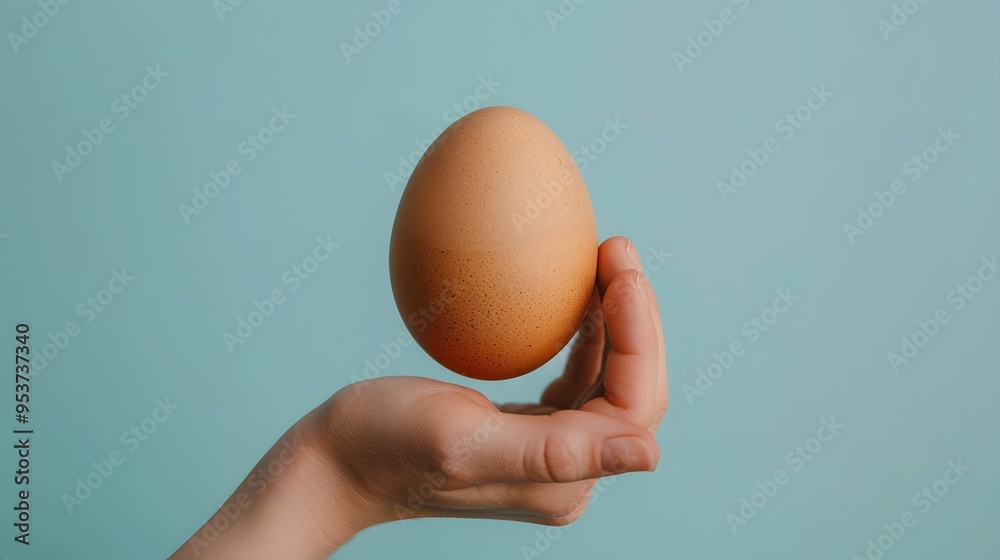 A hand holding a white egg. The egg is oval in shape and has a speckled surface A hand holding a white egg. The egg is oval in shape and has a speckled surface