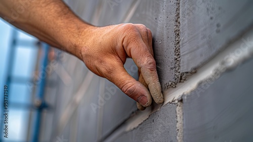 A skilled worker applying mortar to a building block wall, showcasing the craftsmanship involved in masonry work.