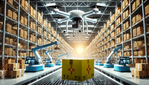 An advanced warehouse filled with drones and robots managing inventory, centered on an New Mexico flag-marked package, symbolizing innovation in automated warehousing