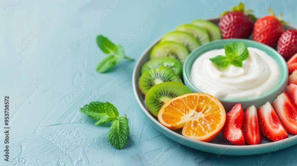 A plate of sliced fruit and vegetables with a dip, showcasing a healthy and refreshing snack option. A plate of sliced fruit and vegetables with a dip, showcasing a healthy and refreshing snack option.