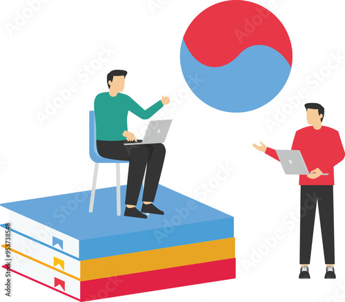 Online education. Language school online Korean course. Study foreign languages with native speaker. Vector illustration.

