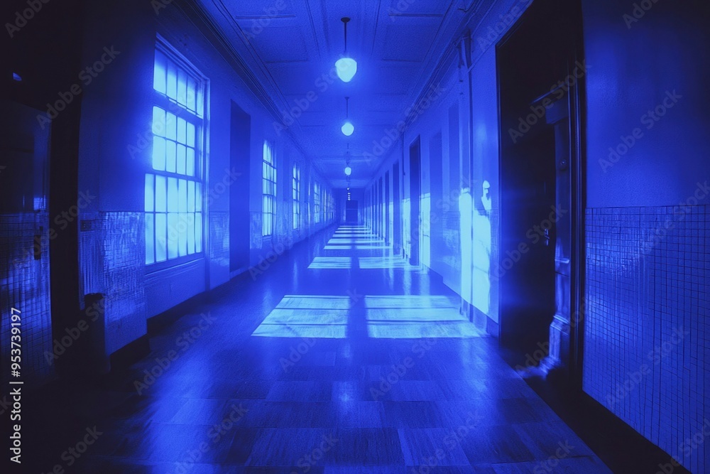 Fototapeta premium A Blue-Lit Hallway with Windows and Tile Walls