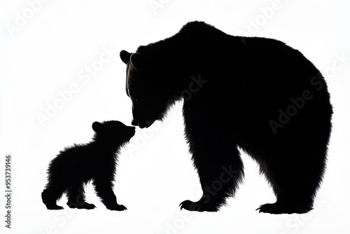 Obraz na płótnie Silhouette of a bear and its cub touching noses against a white background. w salonie