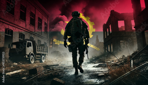 A lone soldier walking through a war-torn urban landscape with the Angola flag overlay, symbolizing the bravery and resilience of  military forces in conflict zones.