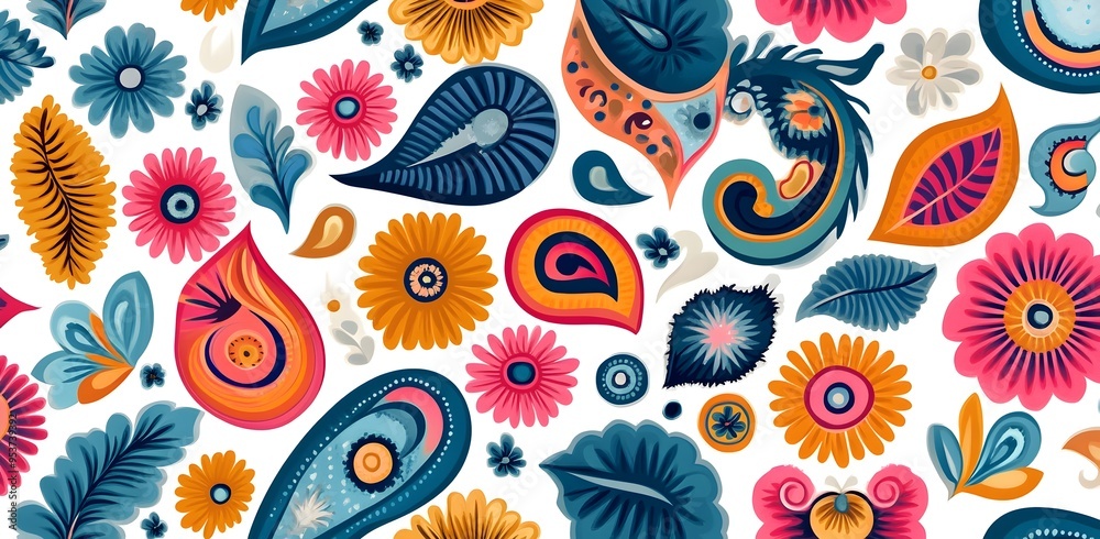 Naklejka premium Vibrant Paisley Pattern in Pastel Hues Conveying the Joy of Indian Culture