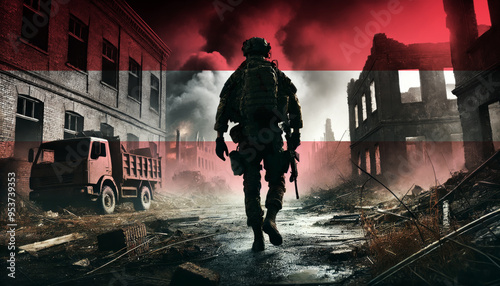 Wallpaper Mural A lone soldier walking through a war-torn urban landscape with the Austria flag overlay, symbolizing the bravery and resilience of  military forces in conflict zones. Torontodigital.ca