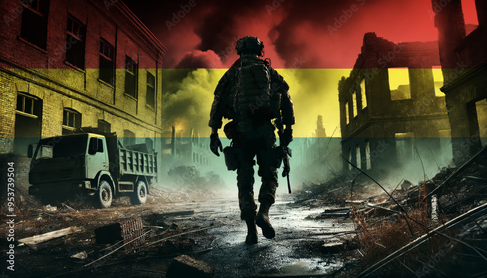 A lone soldier walking through a war-torn urban landscape with the Bolivia flag overlay, symbolizing the bravery and resilience of military forces in conflict zones. A lone soldier walking through a war-torn urban landscape with the Bolivia flag overlay, symbolizing the bravery and resilience of military forces in conflict zones.