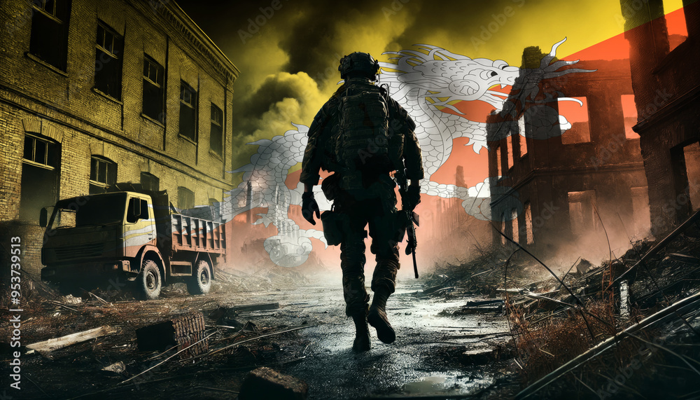 custom made wallpaper toronto digitalA lone soldier walking through a war-torn urban landscape with the Bhutan flag overlay, symbolizing the bravery and resilience of military forces in conflict zones.