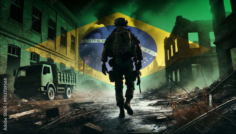 A lone soldier walking through a war-torn urban landscape with the Brazil flag overlay, symbolizing the bravery and resilience of military forces in conflict zones. A lone soldier walking through a war-torn urban landscape with the Brazil flag overlay, symbolizing the bravery and resilience of military forces in conflict zones.