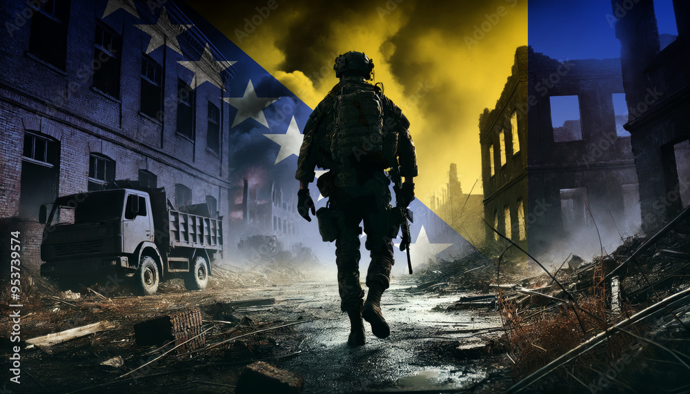 custom made wallpaper toronto digitalA lone soldier walking through a war-torn urban landscape with the Bosnia and Herzegovina flag overlay, symbolizing the bravery and resilience of military forces in conflict zones.
