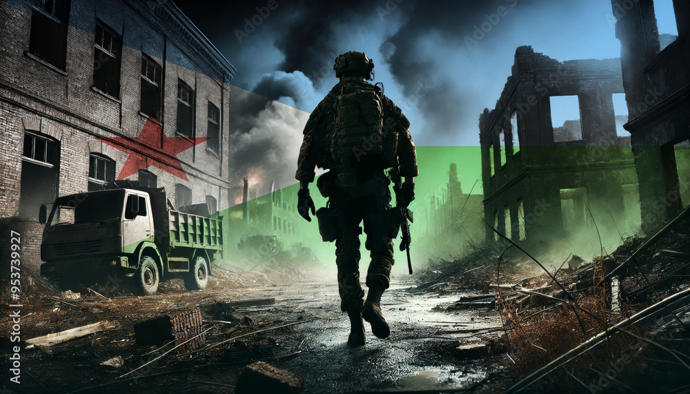 A lone soldier walking through a war-torn urban landscape with the Djibouti flag overlay, symbolizing the bravery and resilience of military forces in conflict zones. A lone soldier walking through a war-torn urban landscape with the Djibouti flag overlay, symbolizing the bravery and resilience of military forces in conflict zones.