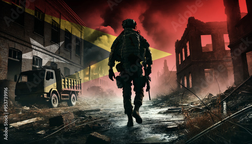 A lone soldier walking through a war-torn urban landscape with the East Timor flag overlay, symbolizing the bravery and resilience of military forces in conflict zones.