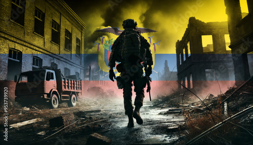 A lone soldier walking through a war-torn urban landscape with the Ecuador flag overlay, symbolizing the bravery and resilience of military forces in conflict zones.