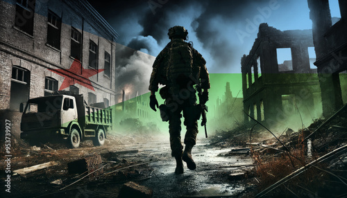 A lone soldier walking through a war-torn urban landscape with the Djibouti flag overlay, symbolizing the bravery and resilience of  military forces in conflict zones.
