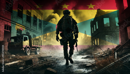 Wallpaper Mural A lone soldier walking through a war-torn urban landscape with the Grenada flag overlay, symbolizing the bravery and resilience of  military forces in conflict zones. Torontodigital.ca