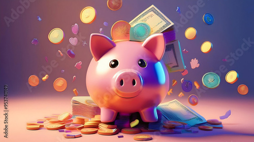 Piggy bank with coins, representing savings and finance photo