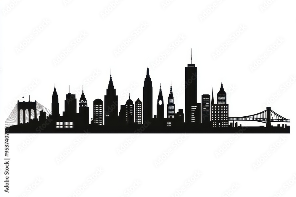Obraz premium Silhouette of a city skyline featuring various iconic buildings and bridges.