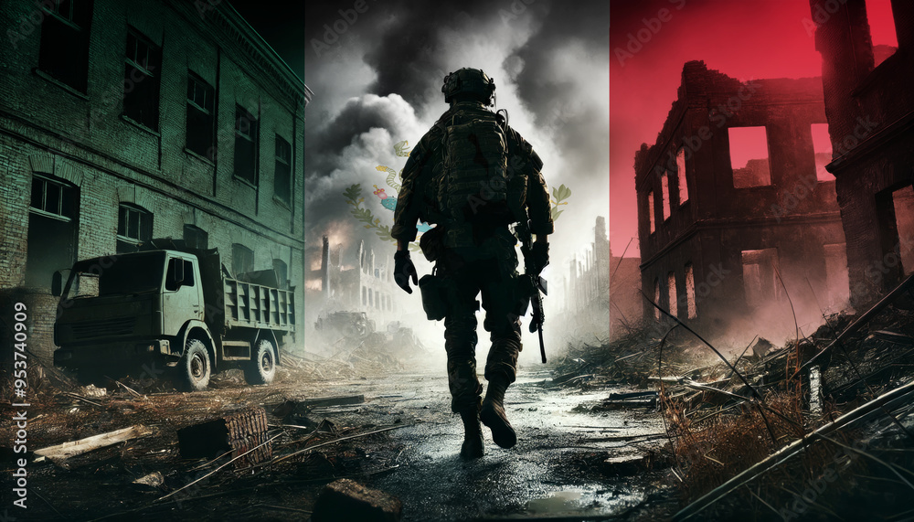 A lone soldier walking through a war-torn urban landscape with the Mexico flag overlay, symbolizing the bravery and resilience of military forces in conflict zones. A lone soldier walking through a war-torn urban landscape with the Mexico flag overlay, symbolizing the bravery and resilience of military forces in conflict zones.