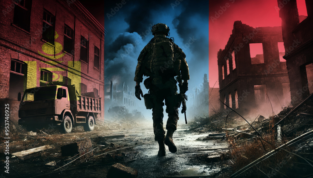 A lone soldier walking through a war-torn urban landscape with the Mongolia flag overlay, symbolizing the bravery and resilience of military forces in conflict zones. A lone soldier walking through a war-torn urban landscape with the Mongolia flag overlay, symbolizing the bravery and resilience of military forces in conflict zones.