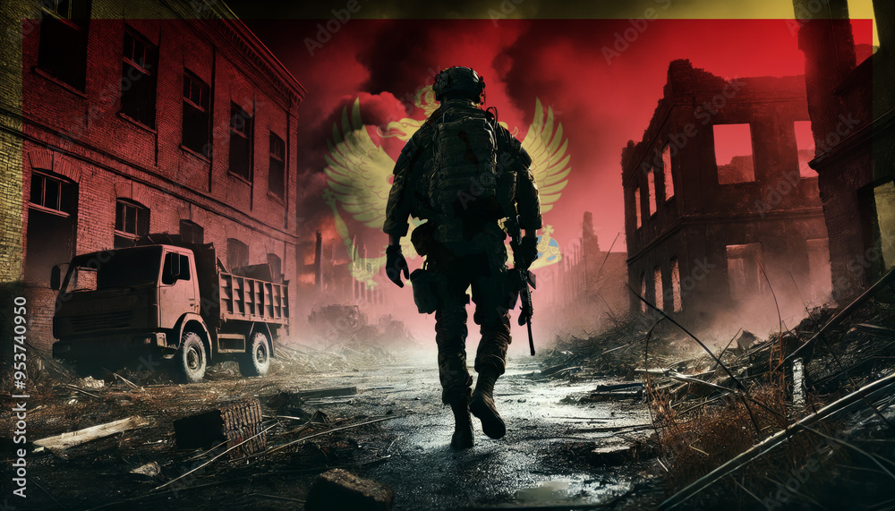 A lone soldier walking through a war-torn urban landscape with the Montenegro flag overlay, symbolizing the bravery and resilience of military forces in conflict zones. A lone soldier walking through a war-torn urban landscape with the Montenegro flag overlay, symbolizing the bravery and resilience of military forces in conflict zones.